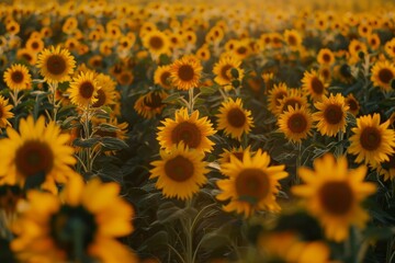 Fototapeta premium A large field filled with vibrant sunflowers stretching as far as the eye can see, A vibrant field of sunflowers stretching towards the horizon, their golden petals catching the sunlight