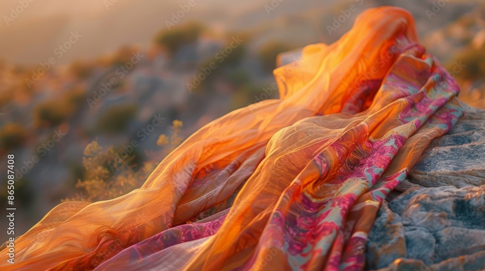 Poster daringly perched on the edge a long strip of vibrant fabric gently sways in the breeze adding a touc