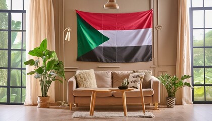 The flag of Sudan hangs in the living room at home. The flag is in house.