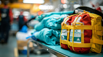 Obraz premium Emergency medical supplies, including first aid kits and uniforms, on a table in a hospital setting.