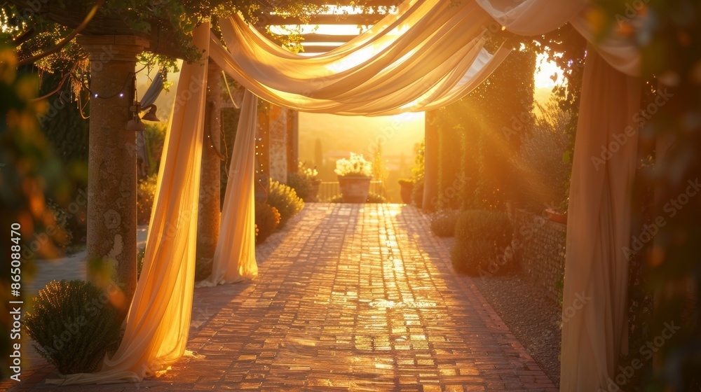 Poster a golden sunset casting a warm glow over a courtyard adorned with a canopy of flowing fabric creatin