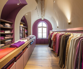 Vibrant Dressmaking Loft with Soft Purple Walls and Creative Designs