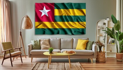 The flag of Togo hangs in the living room at home. The flag is in house.