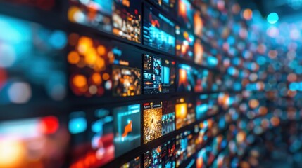 A vibrant wall of digital screens displaying various videos and images, symbolizing media diversity, streaming technology, and modern entertainment.
