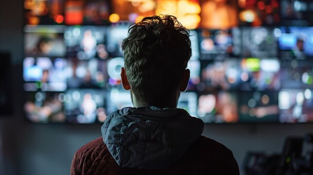 A person from behind, watching a wall of digital screens displaying various multimedia content, symbolizing digital entertainment or information overload.