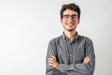 A man wearing glasses and a gray shirt
