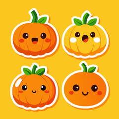 Four cute pumpkins with various faces on yellow background