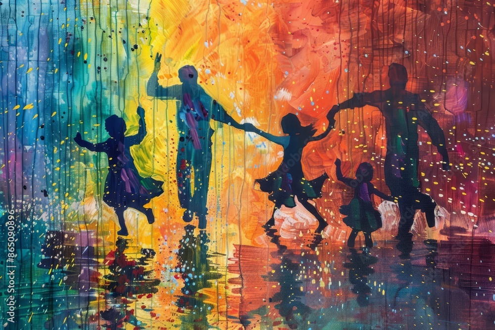 Poster a colorful painting depicting a group of individuals interlocking hands in unity and solidarity, a v