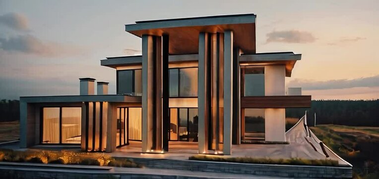 photorealistic modern villa near the forest, hi-tech, neoclassic