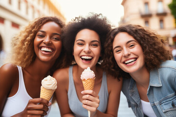 Generative AI picture of young tourists friends spending vacation together in beautiful carefree time