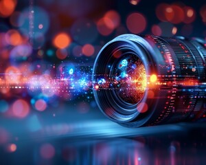 Fototapeta premium Close-up of a camera lens with colorful bokeh lights in the background, capturing a vibrant and dynamic visual experience.