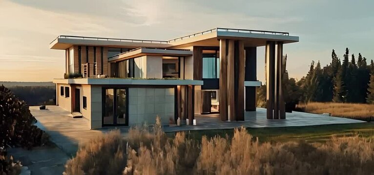 photorealistic modern villa near the forest, hi-tech, neoclassic, patterned facade panels