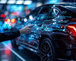 Futuristic car with digital overlay being inspected in a modern facility, highlighting advanced technology and innovation in the automotive industry.