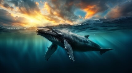 Fototapeta premium Majestic whale swimming underwater with a stunning sunset sky, creating a serene and awe-inspiring natural scene.