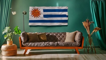The flag of Uruguay hangs in the living room at home. The flag is in house.