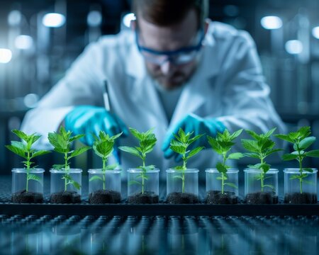 Scientist conducting research with young plants in test tubes in a laboratory, highlighting innovation in agricultural biotechnology.