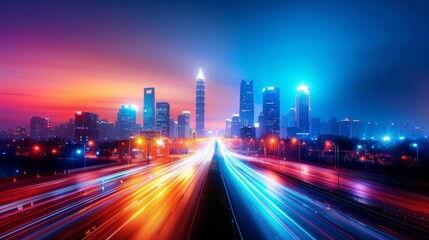 Vibrant cityscape with modern skyscrapers and dynamic light trails at sunset, showcasing urban life and fast-paced movement in stunning colors.