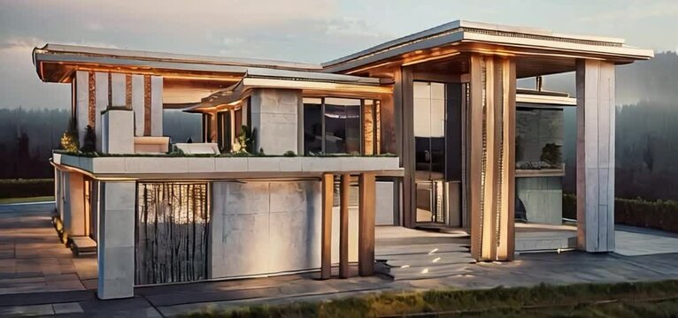photorealistic modern villa near the forest, hi-tech, neoclassic, patterned facade panels, sharp angle parapets, futuristic shapes