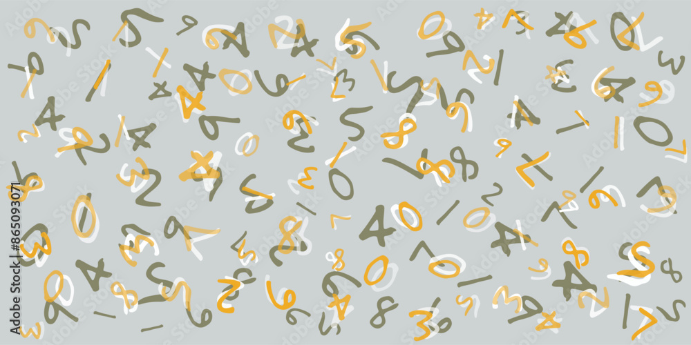 Poster various multi layered, randomly colored, placed, sized and oriented hand drawn numbers pattern - tex