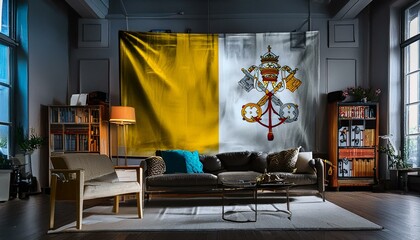 The flag of Vatican hangs in the living room at home. The flag is in house.