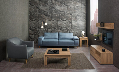 modern stone wall luxury living room and modern lamp, interior design