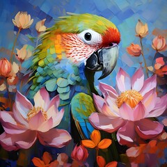 Fototapeta premium Parrot head is around Lotus flowers looks like acrylic painting