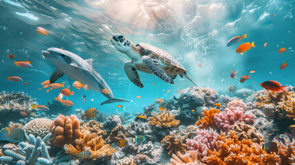 Fototapeta premium A vibrant underwater scene featuring a sea turtle and dolphin swimming among colorful coral reefs and tropical fish.