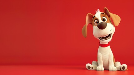 A playful cartoon dog with floppy ears on a solid red background.