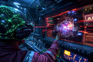 Man using VR headset to interact with AI data, illustrating the integration of virtual reality and artificial intelligence in modern technology.