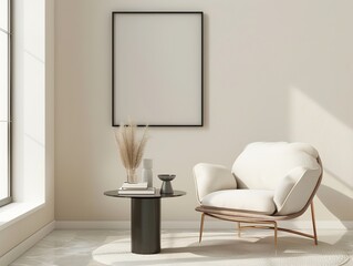 Modern minimalist 3D rendering of white interior with an armchair and round coffee table featuring books, and a square black frame mockup on beige wall. Soft daylight enhances the aesthetic design.