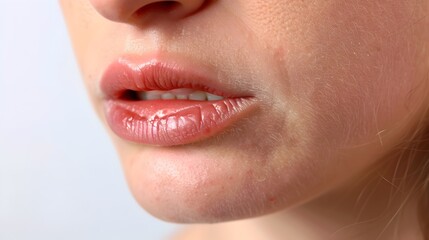 Obraz premium A detailed close up image of a red swollen and painful cold sore infection on the human lip