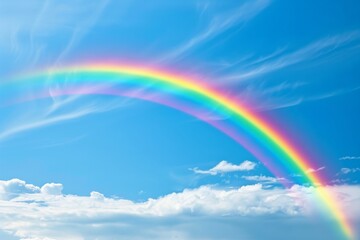 A rainbow in the sky amidst fluffy white clouds on a sunny day, A vibrant rainbow stretching across a clear blue sky