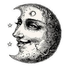 Smiling moon Vintage engraved illustration isolated on white