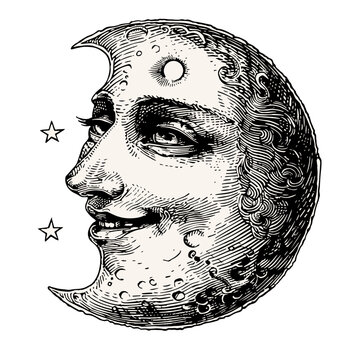 Smiling moon Vintage engraved illustration isolated on white