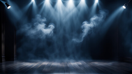 Obraz premium The dark scene has a smoky dark blue background. Empty dark room with spotlights for displaying product design 