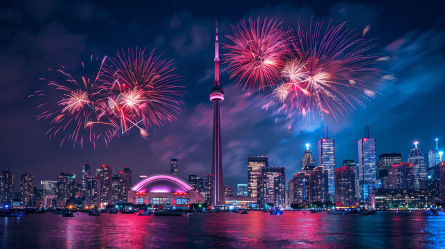 Vibrant fireworks illuminate the night sky over the Toronto skyline, showcasing the CN Tower and city lights.