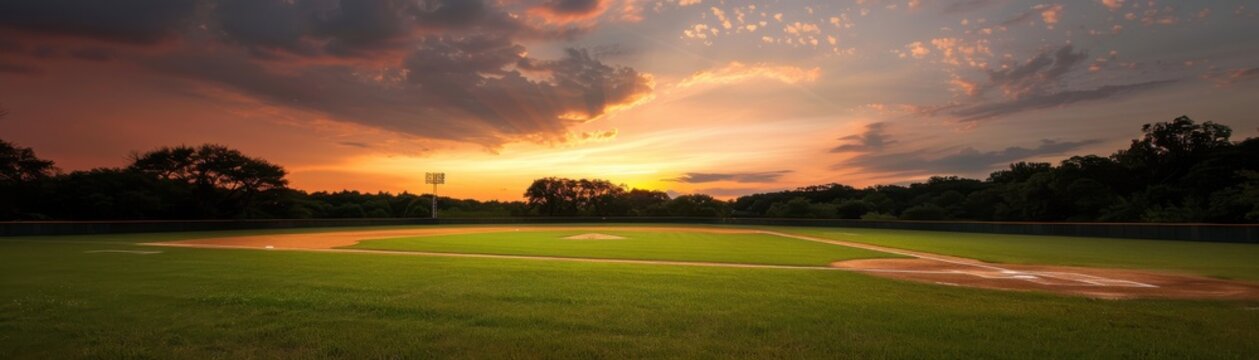 Empty baseball field at sunset with dramatic clouds in the sky, lush green grass, and surrounding trees, creating a peaceful and serene atmosphere.