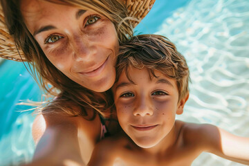 Fototapeta premium Funny children kids playing at the beach seaside poolside aquapark summer leisure weekend time, Generative AI