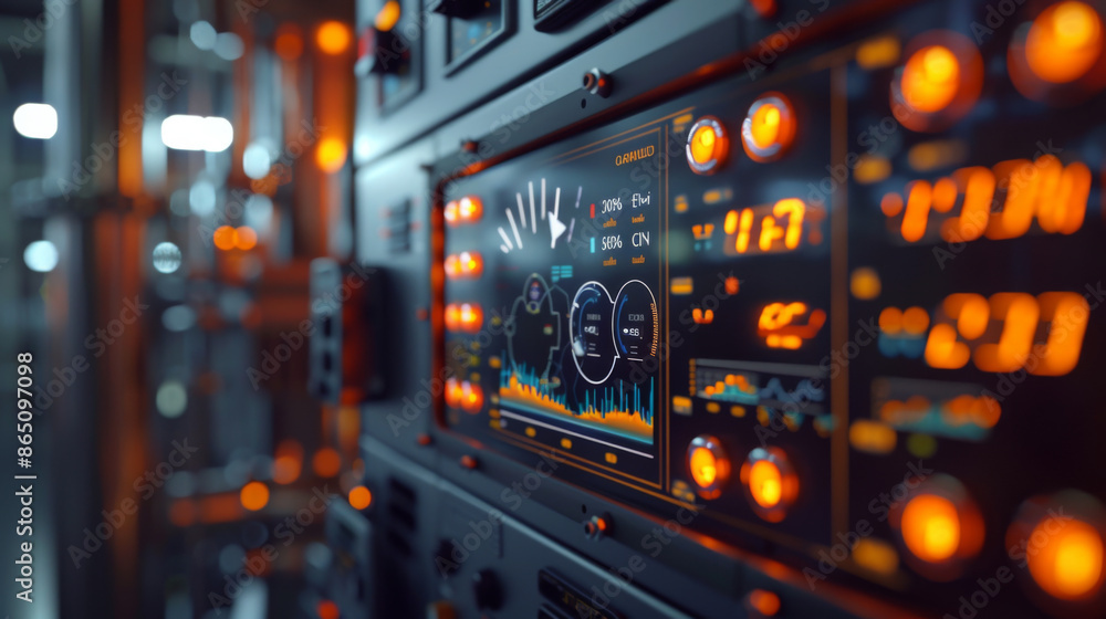 Poster a detailed view of an illuminated industrial control panel with various gauges and indicators in a f