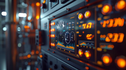 A detailed view of an illuminated industrial control panel with various gauges and indicators in a factory setting.