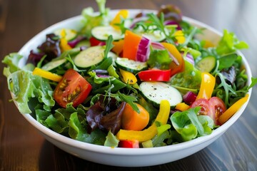 White bowl filled with vibrant salad featuring mixed greens and assorted toppings, placed on a textured wooden table, A vibrant salad with mixed greens and a variety of veggies