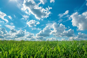 Obraz premium A view of a lush grassy field under a vibrant blue sky dotted with fluffy clouds, A vibrant snapshot of nature's beauty featuring lush green grass and a sky filled with fluffy white clouds