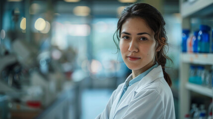 Obraz premium Portrait of a young female scientist in a modern laboratory setting, showcasing confidence and dedication to research.