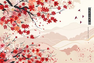 A digital illustration featuring a cherry blossom tree in full bloom, set against a stylized mountain landscape. Pink and red flowers create a vibrant image. Generative AI