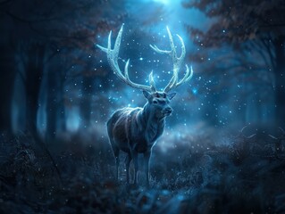 Majestic Deer with Glowing Antlers in Enchanted Forest at Night with Magical Blue Light