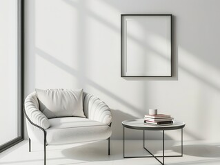 Modern minimalist 3D rendering of white interior with an armchair and round coffee table featuring books, and a square black frame mockup on beige wall. Soft daylight enhances the aesthetic design.