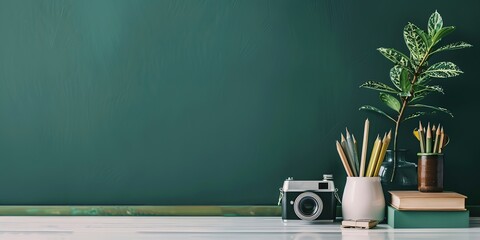 Dark green wall and home office desk with supplies, pencils, house figure, boxes, plant pots. Creative stylish minimal workspace. Contemporary white wood work tabletop for products display montage