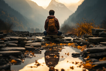 Person practicing mindfulness meditation in a serene natural environment for mental health and self care generative AI