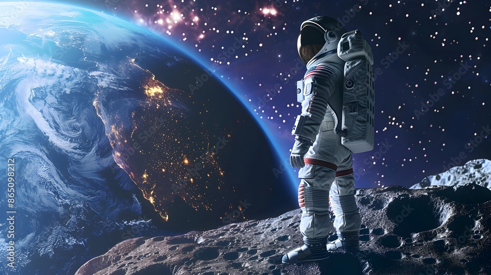 Poster Astronaut Exploring Alien Landscape in Futuristic Spacesuit on Distant Planet