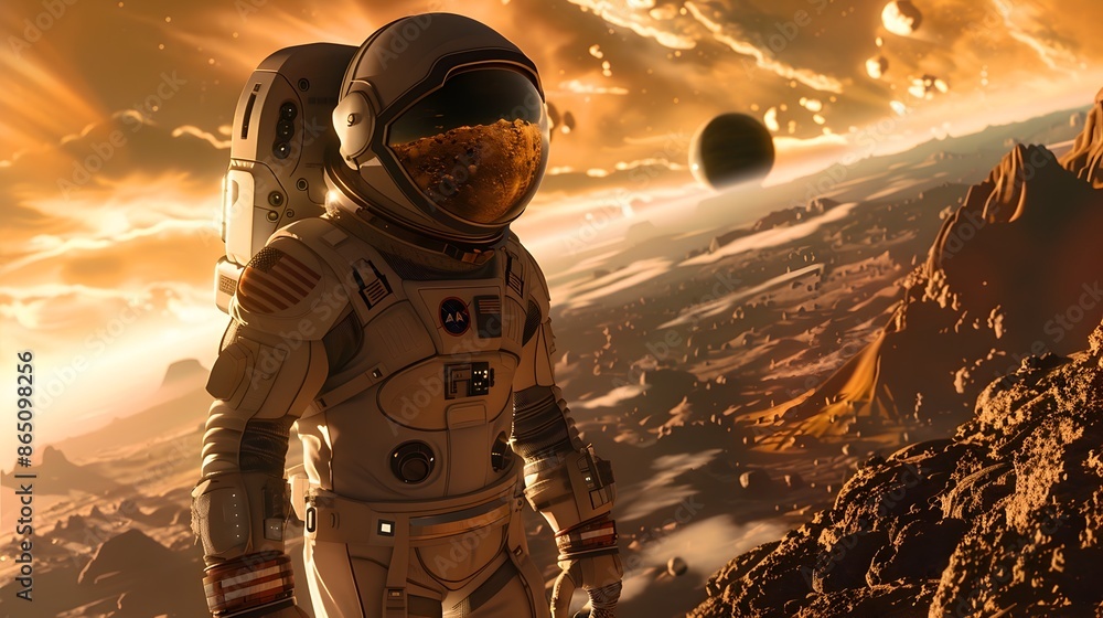 Poster Astronaut Exploring Distant Alien Landscape in Spacesuit on Futuristic Planet